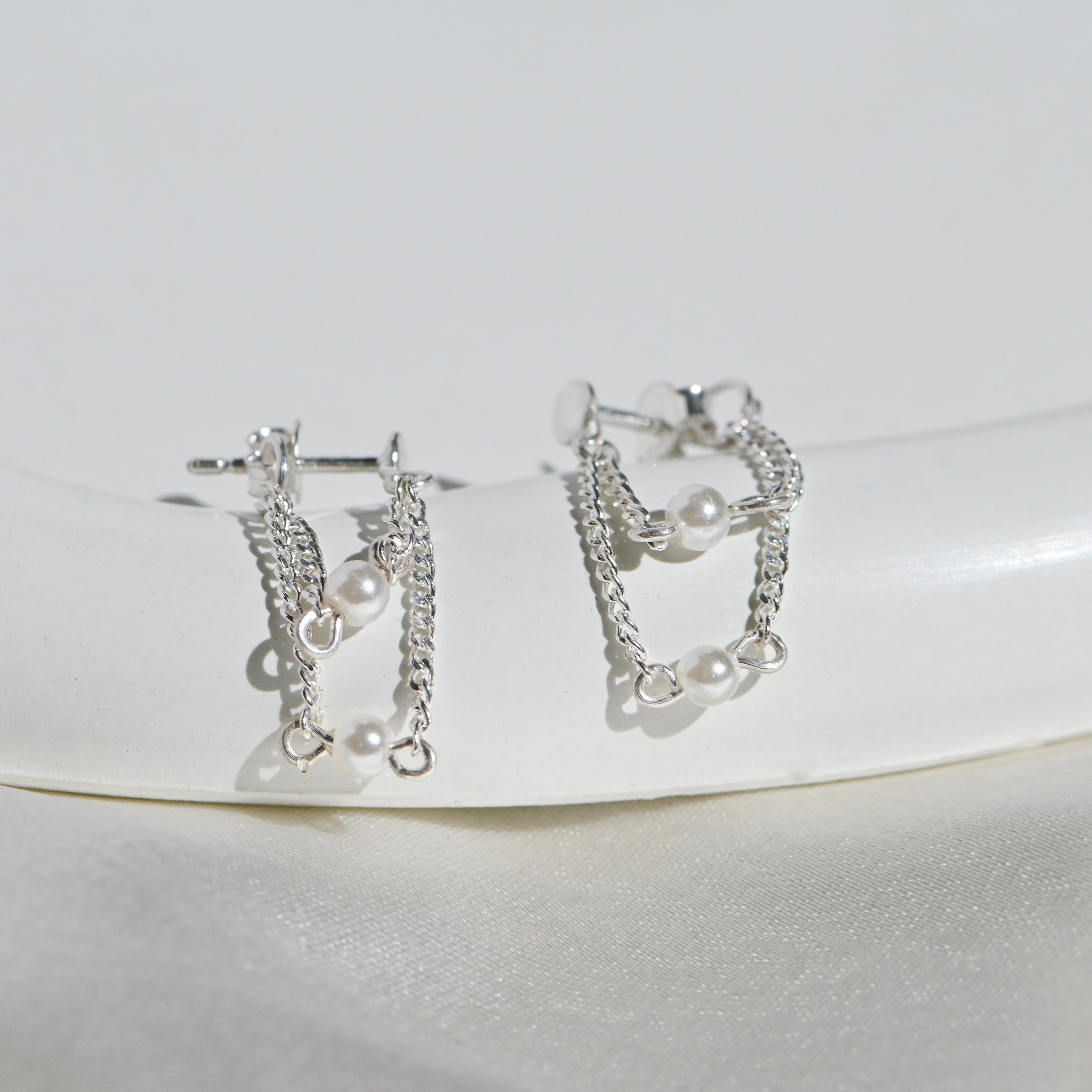 Silver Pearl Chain Earrings